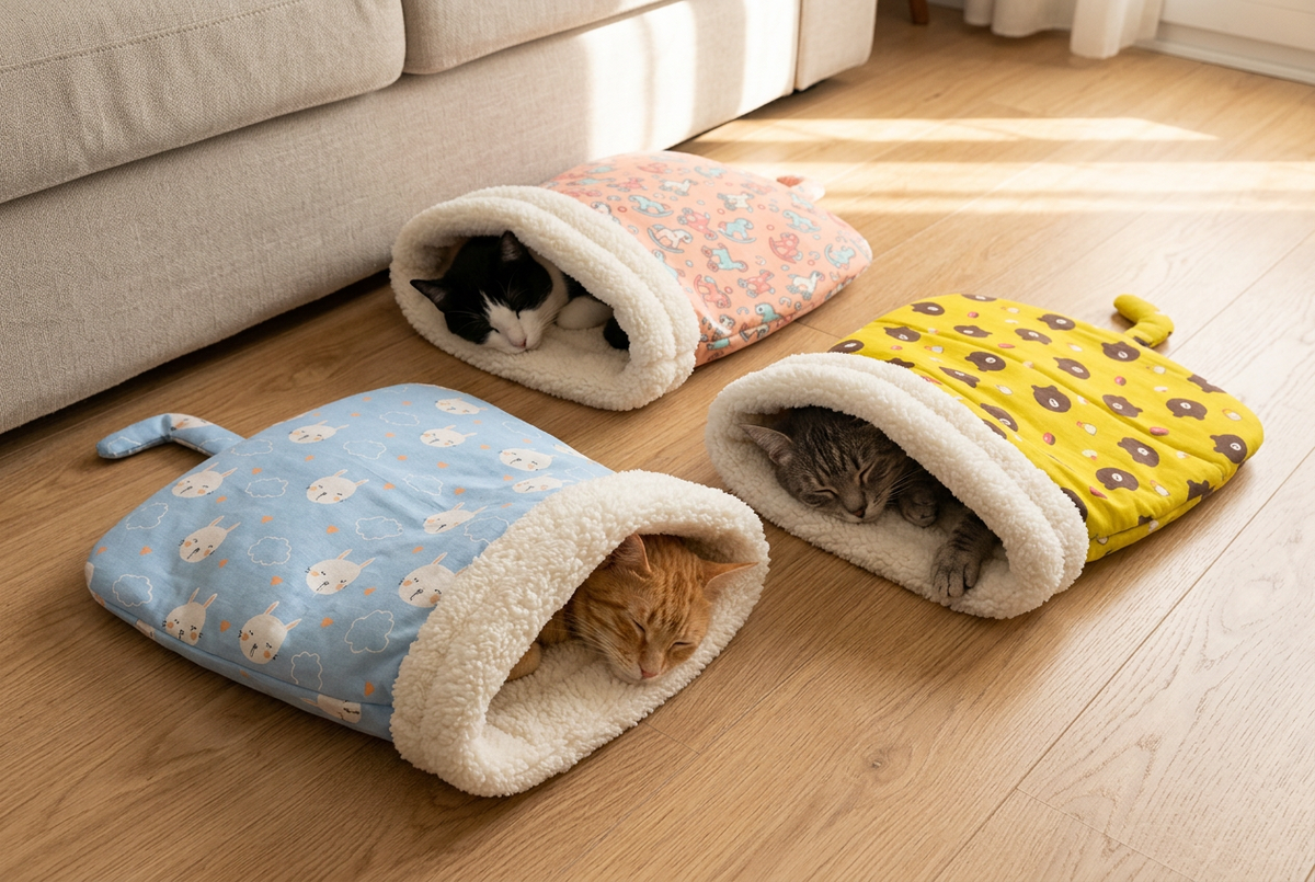 Tres gatos durmiendo en las tres variantes de Miau Bag en un salón